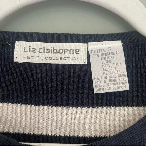Liz Claiborne Cropped Navy Blue White Striped Nautical Inspired Button Cardigan - Picture 9 of 11